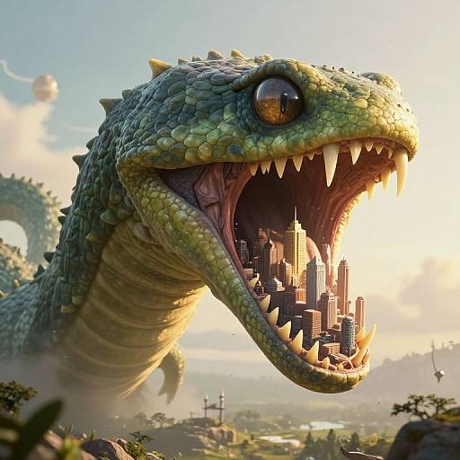 Photorealistic CGI of a massive green dragon with yellow eyes and sharp teeth, open mouth swallowing a cityscape, sunlit sky, and distant landscape