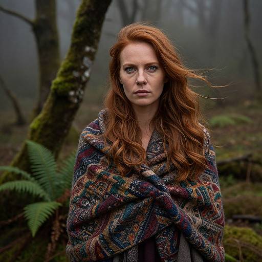 Photograph of a red-haired woman with wavy hair, wearing a colorful, patterned woolen cloak, standing in a misty, mossy