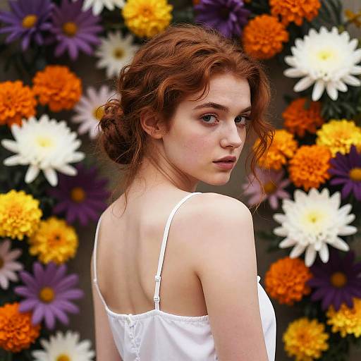 Photograph of a fair-skinned, red-haired woman with loose curls wearing a white spaghetti-strap top, looking over her shoulder against a vibrant background