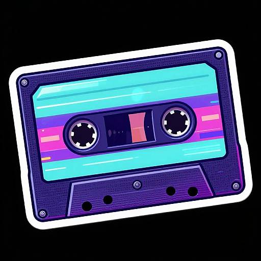 Digital illustration of a vibrant, neon-colored cassette tape with blue, pink, and purple stripes, black buttons, and a glossy finish, set against a