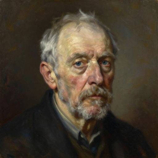 Digital painting of an elderly man with a white beard and mustache, blue eyes, and a thoughtful expression, wearing a dark coat, against a dark