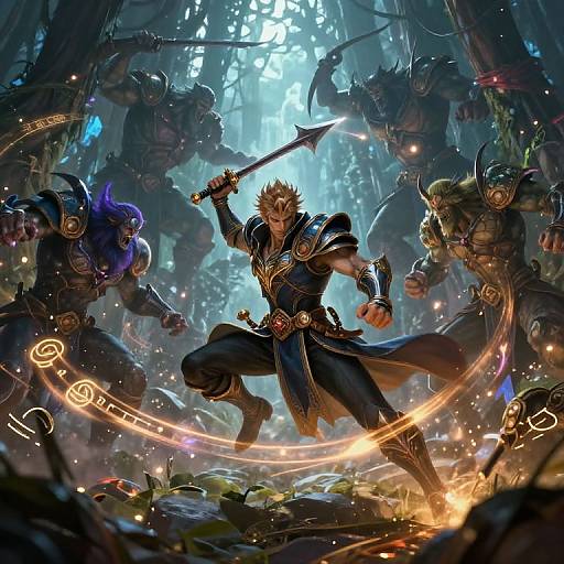 Epic fantasy battle: muscular warrior with spiked blond hair, wielding sword, surrounded by fierce, masked orc-like creatures in dark forest, illuminated by magical