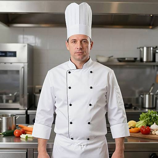 Photograph of a middle-aged male chef in a white double-breasted uniform and tall hat, standing in a modern, stainless steel kitchen with vegetables and