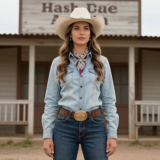 Photograph of a young woman with long brown hair, wearing a white cowboy hat, light blue denim shirt, patterned scarf, and high-wa