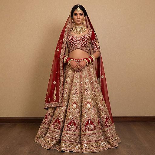 Photograph of a South Asian bride in a red and gold embroidered lehenga with a matching dupatta, traditional jewelry, and intricate patterns, standing against