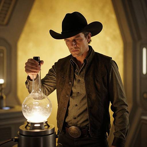 Photograph of a serious, white male cowboy in a black hat, holding a glowing glass lantern in an ornate, yellow-lit room.