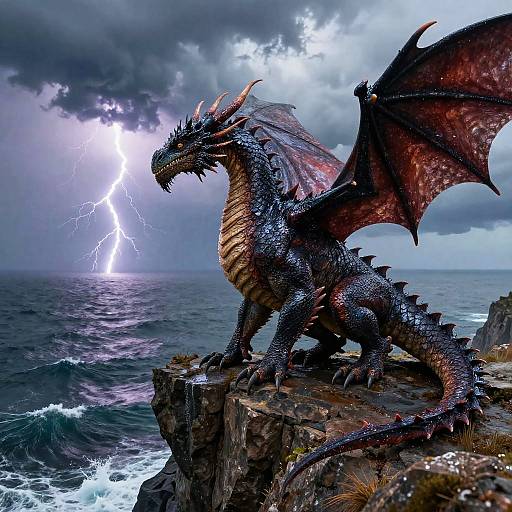 Photorealistic digital artwork of a dark, scaled dragon with red-tinted wings standing on a rocky cliff, lightning illuminating a stormy ocean