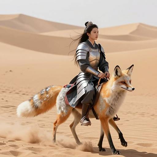 Digital artwork of an Asian woman in silver armor riding a red-orange fox through a sunlit desert with sand dunes.