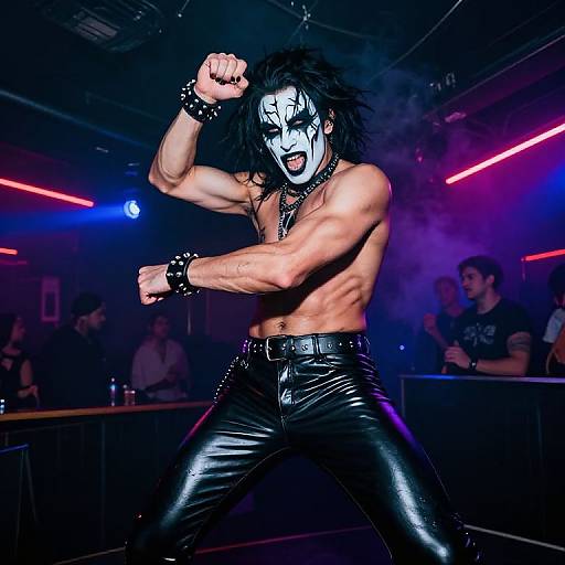 Photograph of a muscular, shirtless man with white face paint, black leather pants, and spiked bracelets, performing in a dark, neon-lit