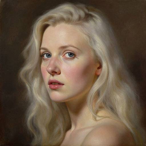 Digital painting of a fair-skinned, blonde woman with blue eyes, wavy hair, and pink lips, set against a dark background.