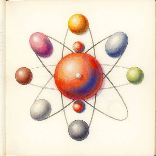 Digital illustration of a colorful atomic model with a central red sphere surrounded by eight orbiting spheres in pink, orange, silver, and green.