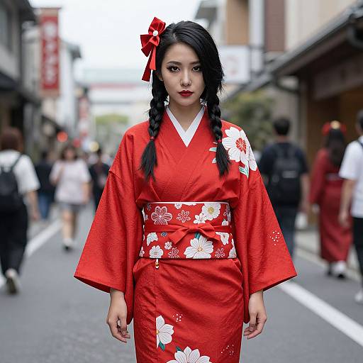 Photograph of an Asian woman in a vibrant red kimono with white floral patterns, black braided hair, and red bow, standing confidently on a