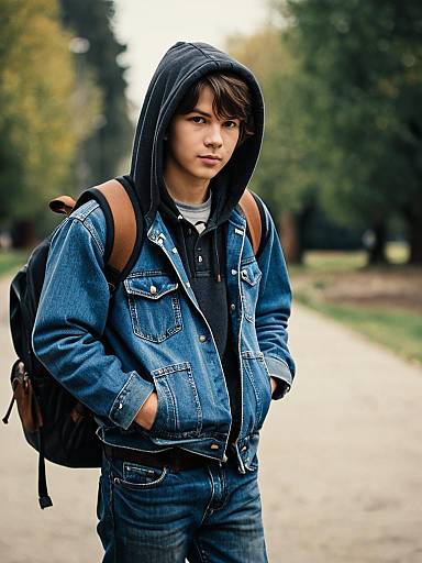 Teen Boy Wearing Denim Jacket and Hoodie Outdoors