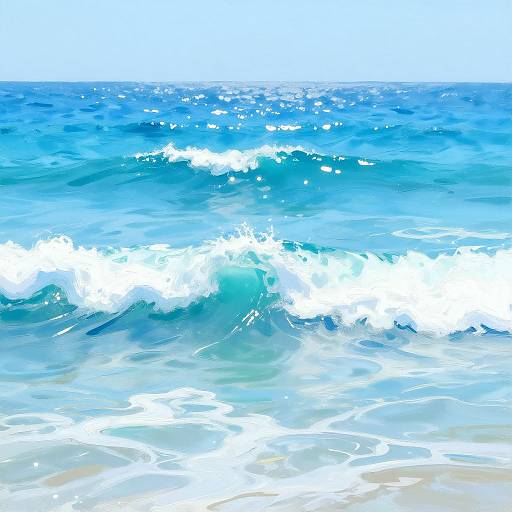 Photograph of vibrant blue ocean waves with white foamy crests, under a bright, clear sky. Sunlight sparkles on the water's surface