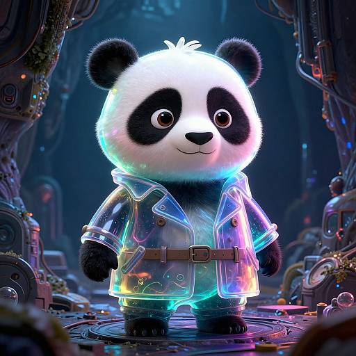 Cute, glowing CGI panda in a transparent, neon-lit lab coat stands in a futuristic, colorful, sci-fi laboratory.