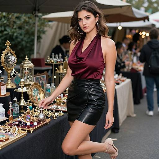 Photograph of a brunette woman with hoop earrings, in a maroon halter top and black leather skirt, browsing vintage items at an outdoor market.