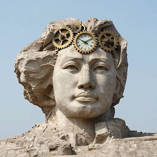 Photograph of a stone bust with a mechanical clock and gears integrated into the hair, featuring a serene face against a clear blue sky.