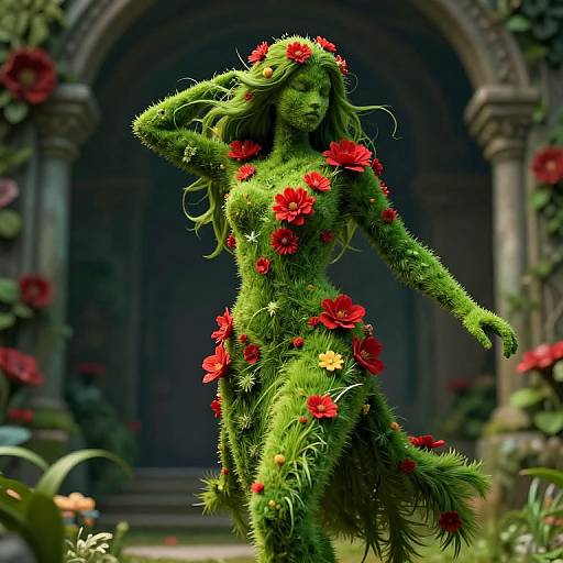Photorealistic CGI of a green, moss-covered woman with long, flowing hair, adorned with red and yellow flowers, dancing in a lush, stone