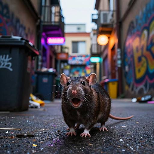 Photograph of a brown rat with an open mouth, standing on a gritty urban street, surrounded by colorful graffiti and neon lights.