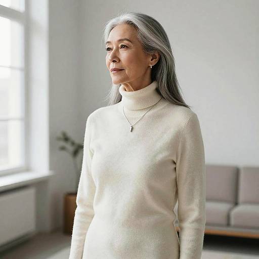 Photograph of an older woman with long gray hair, wearing a white turtleneck sweater, standing in a bright, minimalist room.