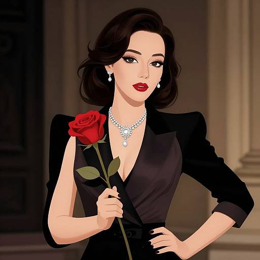 Digital illustration of a confident woman with black wavy hair, red lipstick, wearing a black dress and diamond necklace, holding a red rose in an elegant