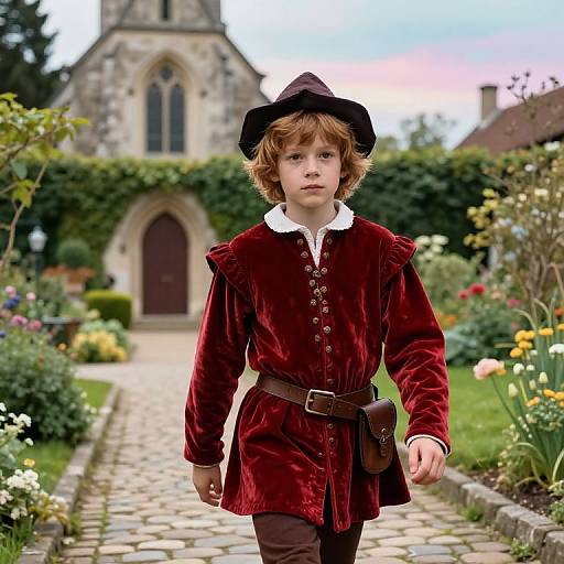 Photograph of a young boy with wavy brown hair, wearing a dark velvet tunic, black hat, brown belt, and brown pants, walking
