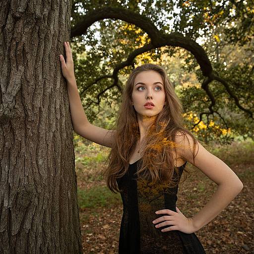 Photograph of a young woman with long brown hair, wearing a black dress, standing beside a tree in a sunlit forest. She gazes upward