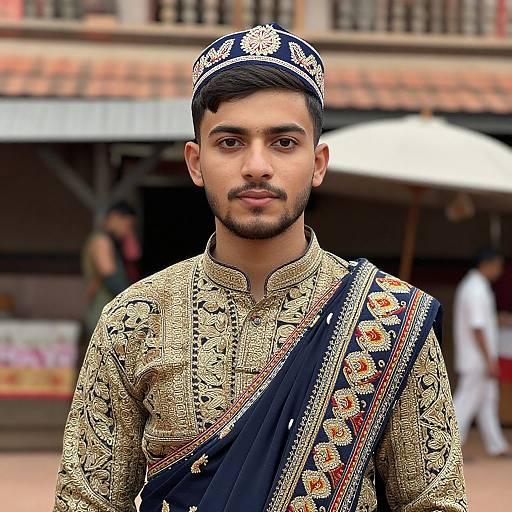 Photograph of a young South Asian man with a trimmed beard, wearing an ornate gold embroidered sherwani and dark blue sash, standing in