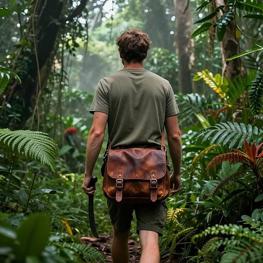 Photograph of a man with curly brown hair, olive green t-shirt, and brown leather backpack, walking through a dense, lush jungle.