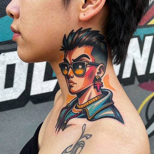 Vibrant Cartoon Neck Tattoos on Woman