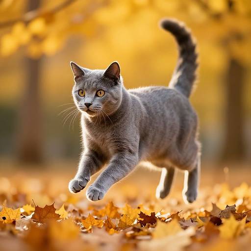 Photograph of a gray British Shorthair cat with bright yellow eyes running through an autumn forest, surrounded by orange and yellow fallen leaves.