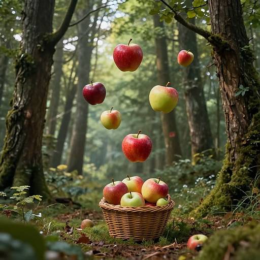 Surreal Ascending Apples in Forest