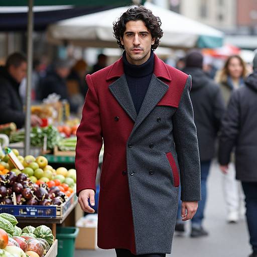 Photograph of a handsome man with curly dark hair, wearing a red and gray double-breasted coat, walking through a bustling outdoor market with colorful vegetables