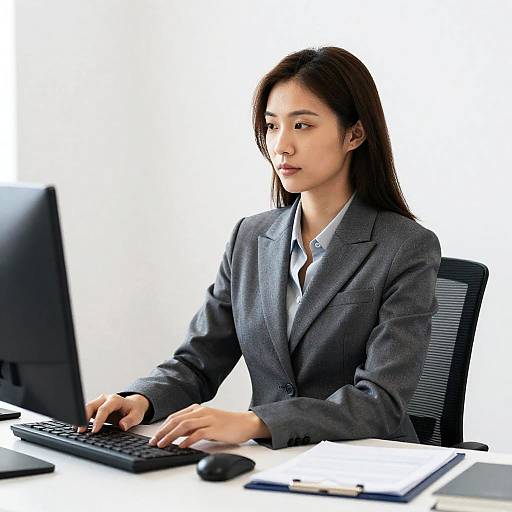 Businesswoman in Gray Formal Suit at Desk