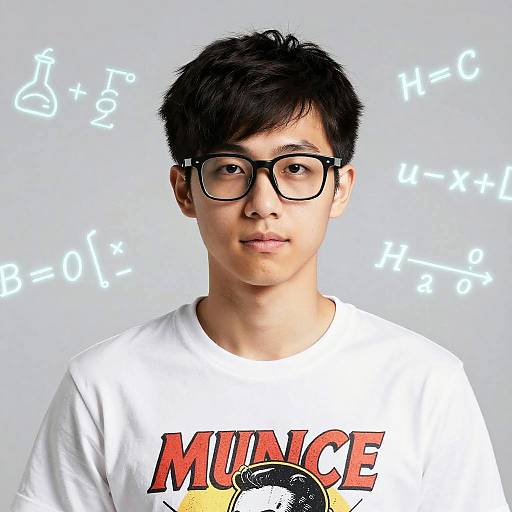 Photograph of an Asian man with black hair, glasses, wearing a white 