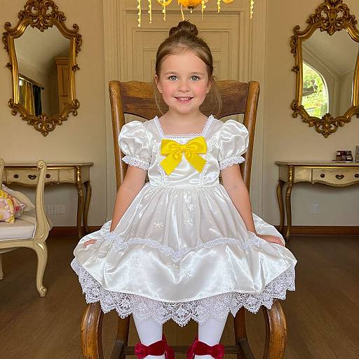 Photograph of a young girl with light brown hair, wearing a white satin dress with yellow bow, lace trim, white stockings, and red shoes,