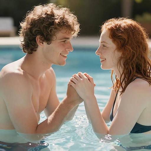 Couple Holding Hands in Sunlit Pool