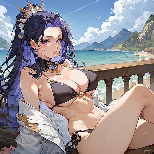 Anime Woman in Black Bikini on Beach Balcony