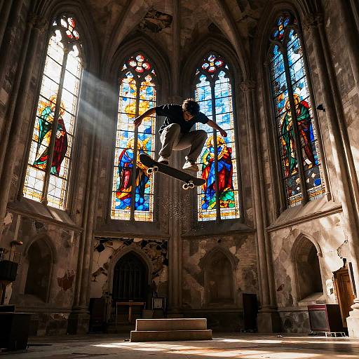 Skateboarder Trick in Abandoned Cathedral