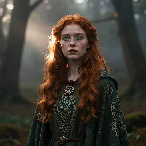Photograph of a red-haired woman with green eyes, wearing a dark, intricately patterned cloak, standing in a misty forest with sunlight filtering