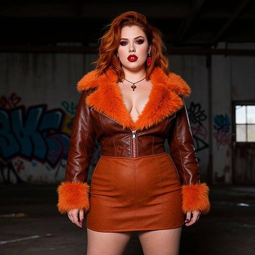 Photograph of a fair-skinned woman with red hair, wearing a brown leather jacket and skirt with vibrant orange fur trim, standing in a graffiti-covered