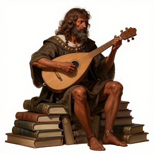 Photograph-style digital illustration of a bearded, dark-haired man with tanned skin, wearing a dark robe, sitting on stacked books, playing a