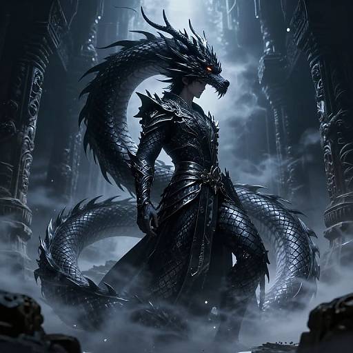 Digital artwork of a fierce, black-scaled dragon warrior with glowing red eyes, standing in a misty, ruined, blue-lit temple.