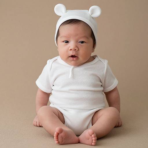 Photograph of a chubby, Asian baby with light brown skin, sitting on beige floor, wearing white onesie and bear-eared hat.