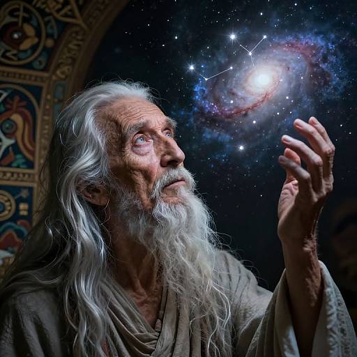 Photograph of an elderly man with long white hair and beard, wearing a beige robe, gazing at a glowing galaxy with star constellations in