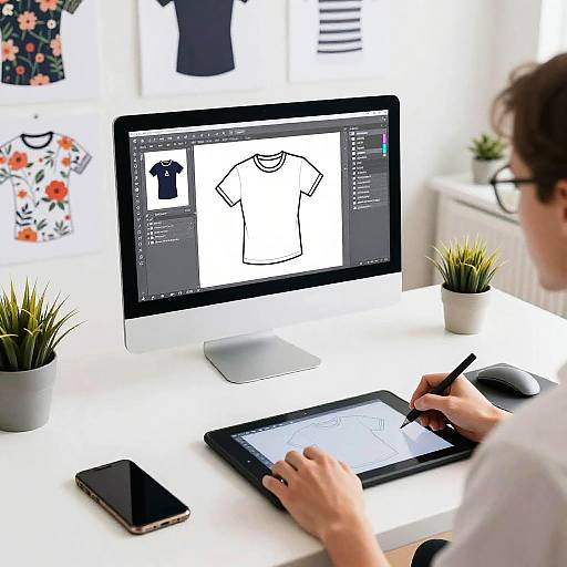 Photograph of a person designing a white graphic T-shirt on a computer and drawing tablet, surrounded by potted plants and clothing designs on a bright white