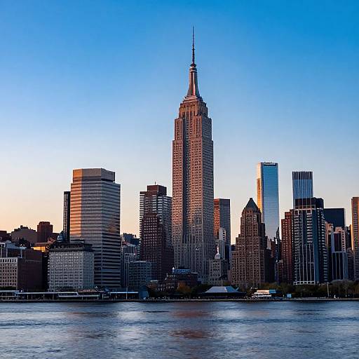 Photograph of New York City skyline at sunset, featuring the Empire State Building prominently, surrounded by various skyscrapers, with a calm river in the