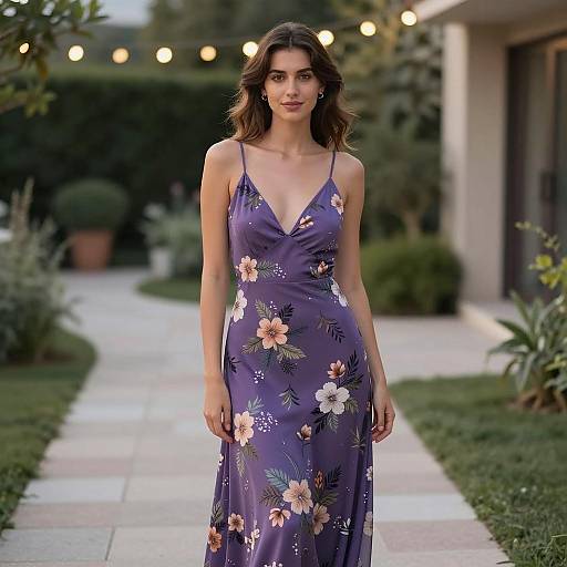 Young Woman in Purple Floral Maxi Dress Outdoors