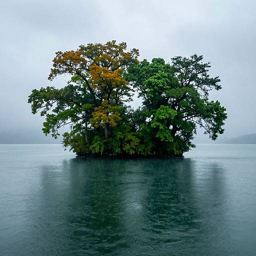 Photograph of a small, lush island with green and yellow trees, surrounded by calm, reflective water under a foggy sky.