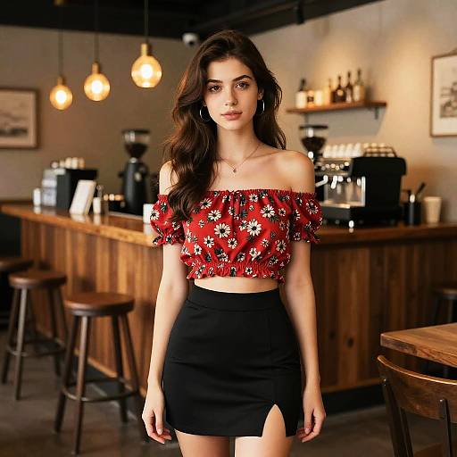 Young Woman in Red Floral Crop Top in Cafe